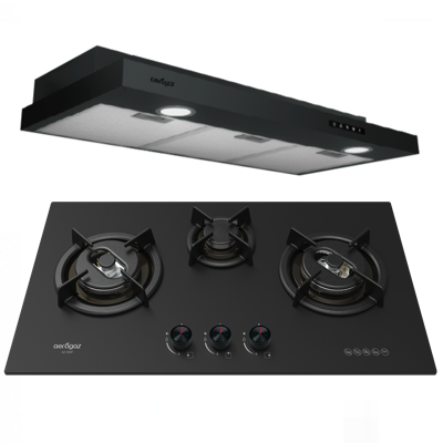Aerogaz STANDARD HOB & HOOD PACKAGE AZ-9200 + AZ-988F (BLACK TEMPERED GLASS) NANO FROSTED GLASS TOP